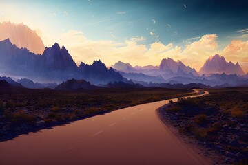 A winding road with mountains in the background. 