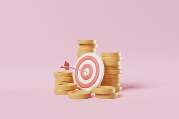 Stacking money coins with target dartboard and arrow on pink background. Business and finance strategy, money savings concept. Investment management marketing and goal. 3d rendering - obrazy, fototapety, plakaty