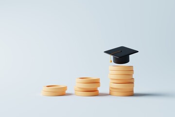 Graduations cap with money coins on light blue background. Money savings for education, Scholarship, Academic tuition fees, invest in knowledge, financial planning for future concept. 3d rendering