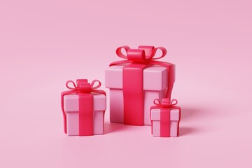 Fototapeta premium Gift box with ribbon bow on pink background. Birthday, anniversary or party present for celebration. Surprise product of happy moment event. Valentines, Christmas decorative object. 3d rendering