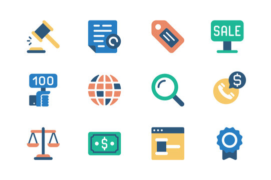 Auction concept of web icons set in simple flat design. Pack of gavel, document, label tag, sale, bidding, search, call, money, cash, online auction page and other. Vector pictograms for mobile app