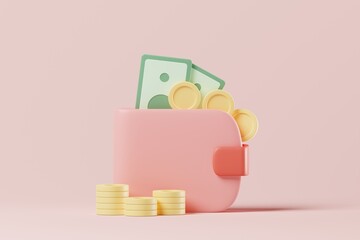 Wallet with coins and banknotes on pink background. 3d rendering money savings, investment, payment, retirement fund concept