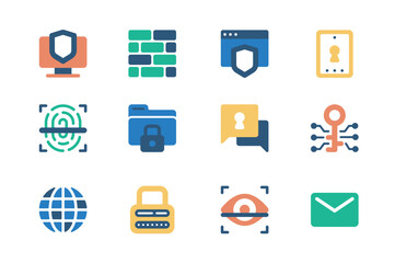 Cyber security concept of web icons set in simple flat design. Pack of shield, access, secure, fingerprint scan, password, folder, email, data protection and other. Vector pictograms for mobile app