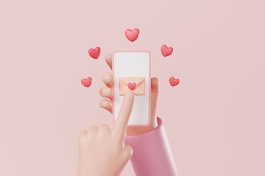 Hands holding smartphone with love letter or envelope and heart shape on pink background. Love message email, online dating concept. 3d rendering
