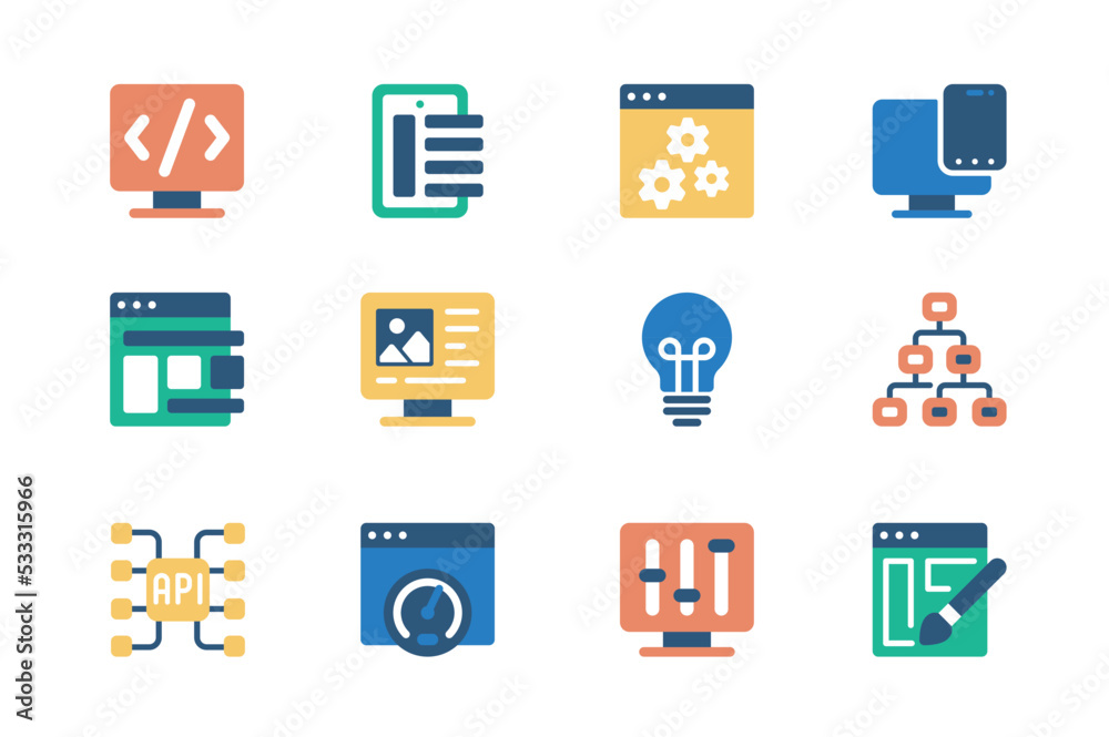 Wall mural design and development concept of web icons set in simple flat design. pack of coding, programming, 