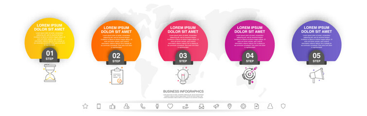Vector infographic design template. Modern timeline concept with five steps, circles. Vector illustration used for diagram, workflow layout, banner, webdesign