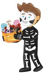 Obraz na płótnie Canvas Kid skeleton costume and sweets illustration