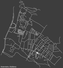 Detailed negative navigation white lines urban street roads map of the ASTERSTEIN QUARTER of the German regional capital city of Koblenz, Germany on dark gray background
