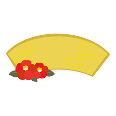 Fan shaped gold frame with red camellia flowers. Japanese style design element.	