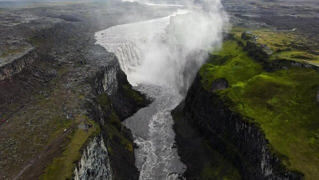 aerial view drone of powerful dettifoss waterfall ,iceland attraction