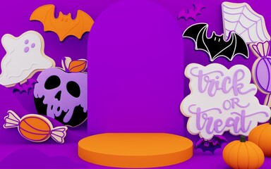 Happy Halloween background with podium for product display or party invitation. 3D render illustration of cookies, pumpkin, ghost, bat, skull, poison apple, spiderweb, calligraphy of trick or treat - 533316743