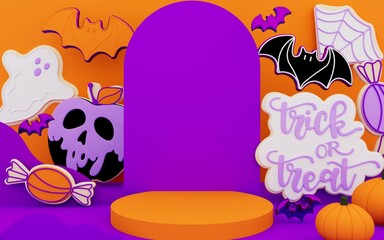 Happy Halloween background with podium for product display or party invitation. 3D render illustration of cookies, pumpkin, ghost, bat, skull, poison apple, spiderweb, calligraphy of trick or treat - 533316745