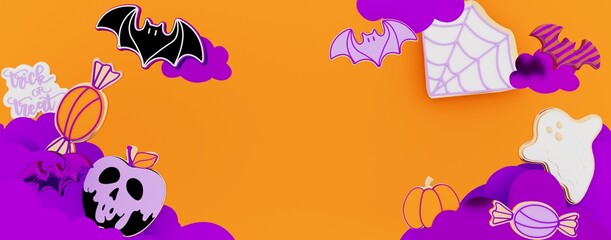 Happy Halloween banner or party invitation. 3D render illustration of Halloween theme cookies with the shape of pumpkin, ghost, bat, skull, poison apple, spiderweb, calligraphy of  trick or treat  - 533316769