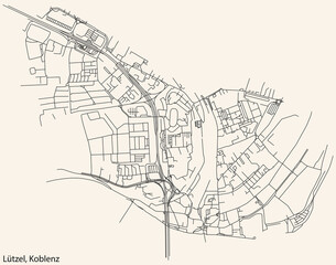 Fototapeta na wymiar Detailed navigation black lines urban street roads map of the LÜTZEL QUARTER of the German regional capital city of Koblenz, Germany on vintage beige background