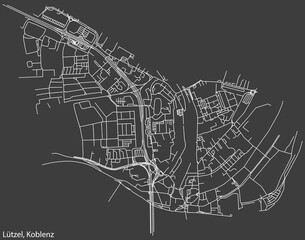 Fototapeta premium Detailed negative navigation white lines urban street roads map of the LÜTZEL QUARTER of the German regional capital city of Koblenz, Germany on dark gray background