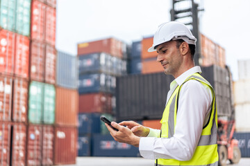 Handsome Caucasian businessman use phone to work in container terminal