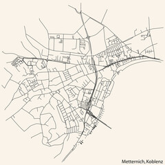 Detailed navigation black lines urban street roads map of the METTERNICH QUARTER of the German regional capital city of Koblenz, Germany on vintage beige background