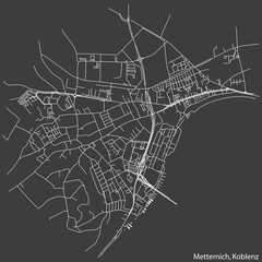 Detailed negative navigation white lines urban street roads map of the METTERNICH QUARTER of the German regional capital city of Koblenz, Germany on dark gray background