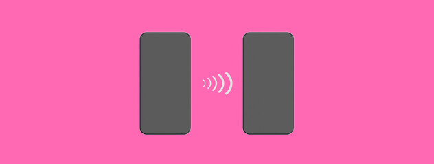 Two smartphones on a pink background. Communication between two devices. Data transfer between two gadgets using wireless networks. Banner for insertion into site. 3d image. 3D visualization