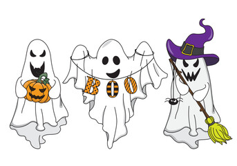 Halloween card. Three ghosts with halloween accessories