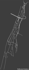 Detailed negative navigation white lines urban street roads map of the PFAFFENDORF QUARTER of the German regional capital city of Koblenz, Germany on dark gray background