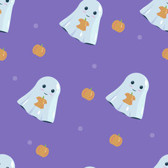 funny ghosts fly with pumpkins it's a seamless pattern