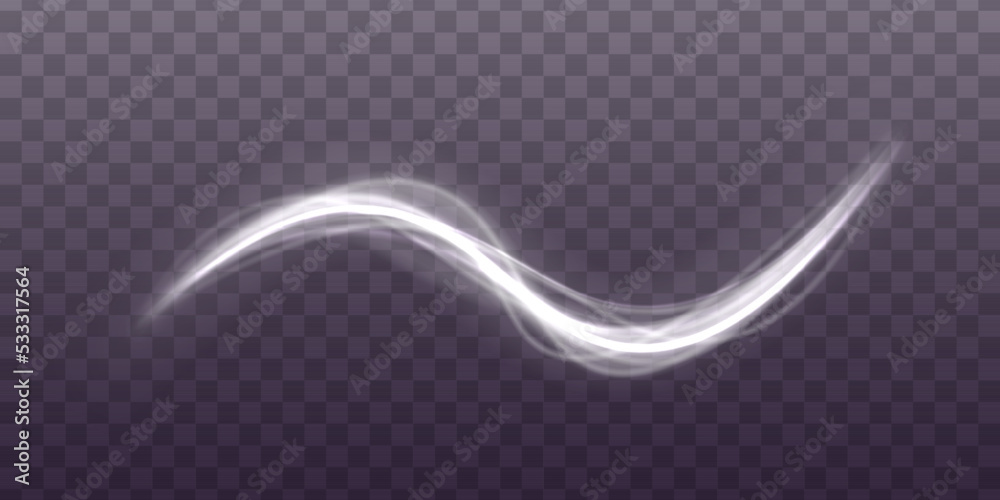 Poster curve light effect of motion wave. dynamic white trail, fire path trace line, car lights, optic fibe