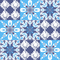 Mediterranean porcelain tiles, blue pattern for wall decoration, azulejo talavera spanish style geometric symmetrical illustration