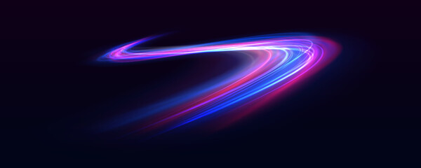 High speed effect motion blur night lights blue and red. Futuristic neon light line trails. bright sparkling background. Purple glowing wave swirl, impulse cable lines. Long time exposure. Vector © Mirotvoric