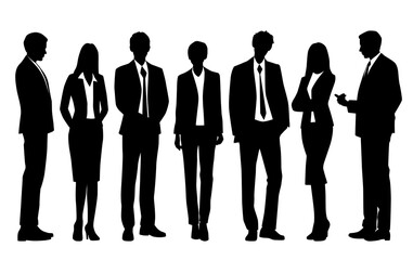 Vector silhouettes of  men and a women, a group of standing   business people, profile, black  color isolated on white background