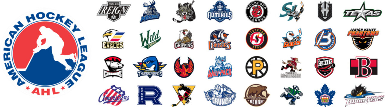 AHL Season 2022-23. Chicago Wolves, Grand Rapids Griffins, Iowa Wild, Rockford IceHogs, Texas Stars,Calgary Wranglers, Lehigh Valley Phantoms, Providence Bruins, Cleveland Monsters, Laval Rocket Etc