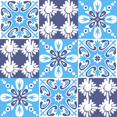 Mediterranean porcelain tiles, blue pattern for wall decoration, azulejo talavera spanish style geometric symmetrical illustration
