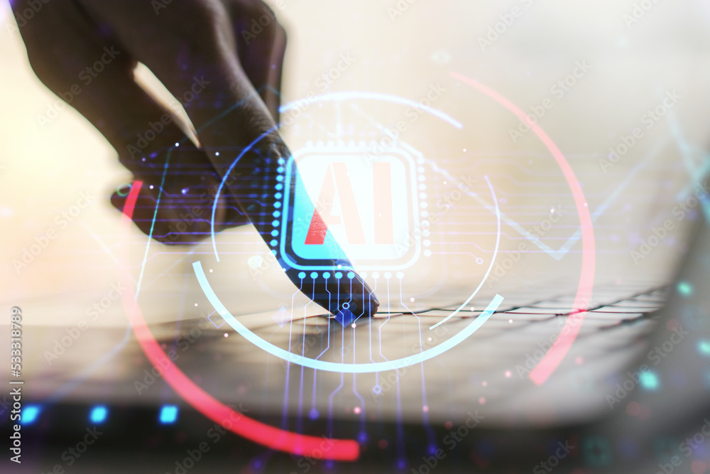 Poster double exposure of creative artificial intelligence abbreviation with hand typing on computer keyboa