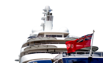Luxury with great design yacht and big Britain navy flag