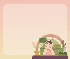 Flat Illustration of Girl Lifestyle Listening Music and Feel Relax.