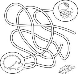 Help the hedgehog get to the mushrooms.  illustration of a maze for children. Black and white illustration. Coloring book