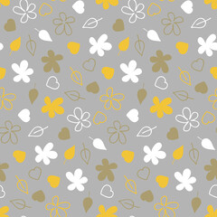 Obraz premium Floral floral seamless pattern pink white on gray background, cute childish vector illustration with flower, heart and leaf