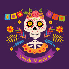 Skeleton of a Mexican woman decorated with flowers,Day of the dead, 