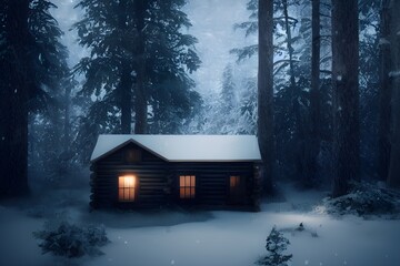 A cabin standing alone in the winter woods. 