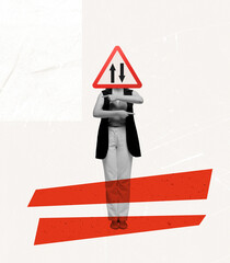 Contemporary art collage. Woman with two way traffic road sign head symbolizing cooperation
