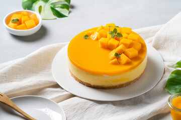 Delicious glazed mango no baked cheese cake with fresh diced mango pulp topping on bright table...