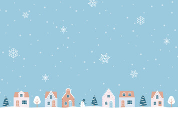 Christmas vector background with houses and trees in snow for banners, cards, flyers, social media wallpapers, etc.