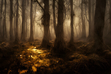 Fototapeta premium A foggy swamp. Dark and mysterious. 