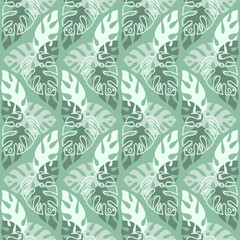 Tropical seamless pattern with monstera palm leaves, green monochromatic color, vector illustration for textile and decoration