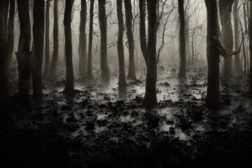 Fototapeta premium A foggy swamp. Dark and mysterious. 