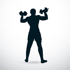 Obraz premium Vector illustration of athletic sportsman holding dumbbell. Cross fit and fitness workout.