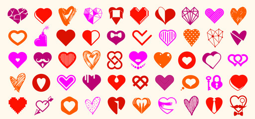 Collection of hearts vector logos or icons set, heart shapes of different styles and concepts symbols, love and care, health and cardiology, geometric and low poly.