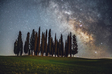 pines on green hills with colourful light blue sky full of stars