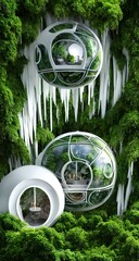 Aerial architecture, spheres in the grass, city of the future, idea for inspiration