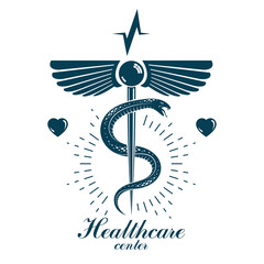 Caduceus vector conceptual logo made using heart shape and an ecg chart. Cardio rehabilitation center vector logotype for use in healthcare business.